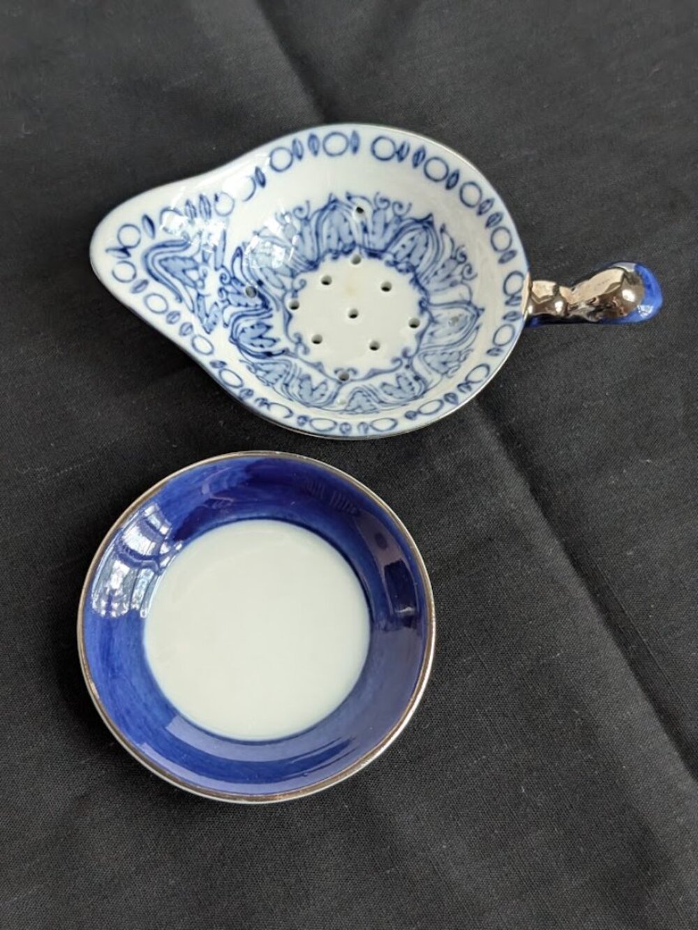 Vintage Bombay Company Blue & White Porcelain Tea Strainer with Drip Bowl